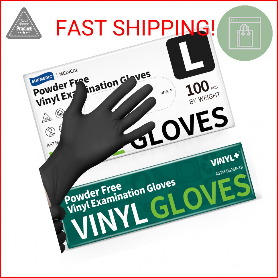 Supmedic Vinyl Disposable Exam Gloves, Black 4 Mil Powder-Free Latex-Free Medica