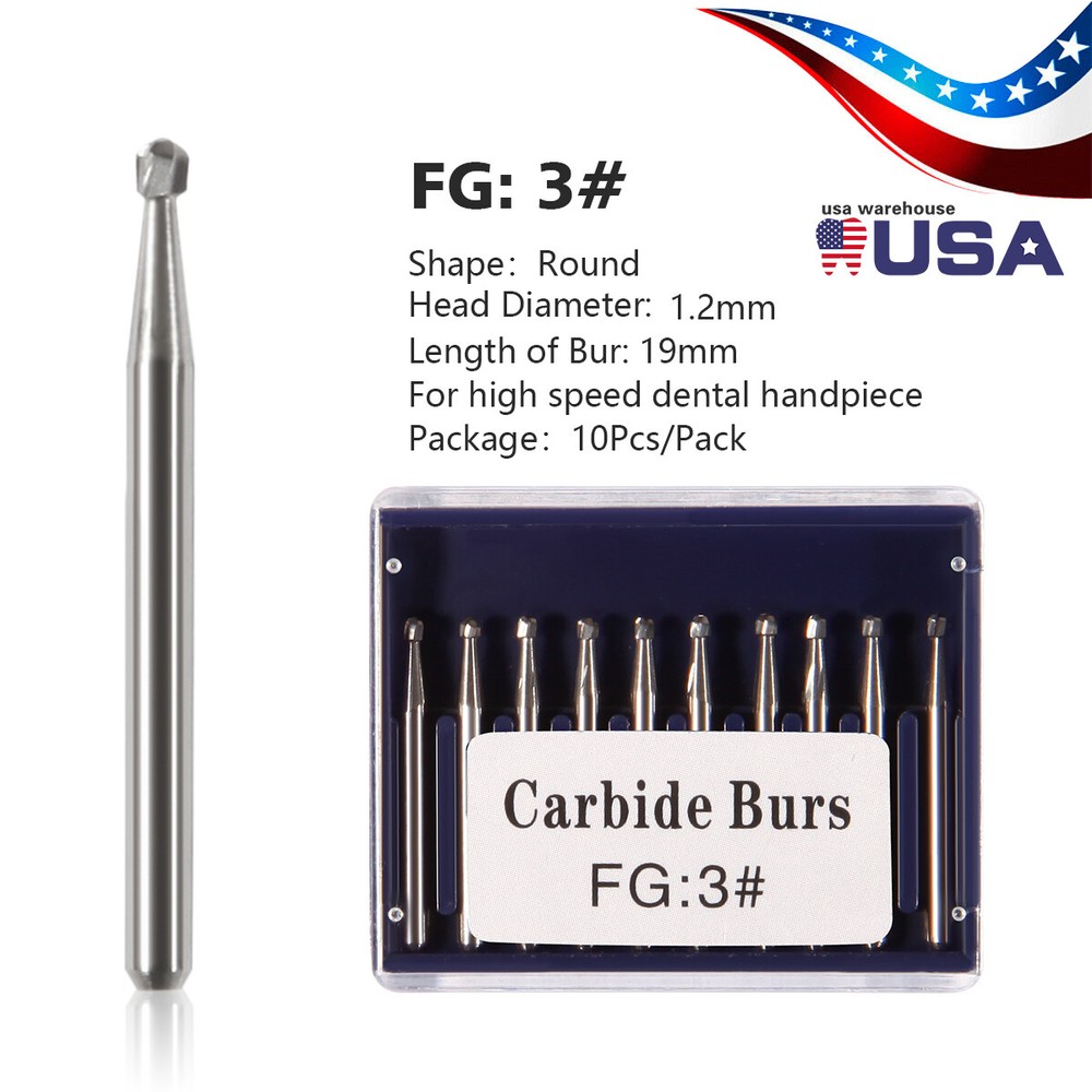 10pc/pack Dental Round Carbide Steel Tungsten Burs FG-3 for High Speed Handpiece