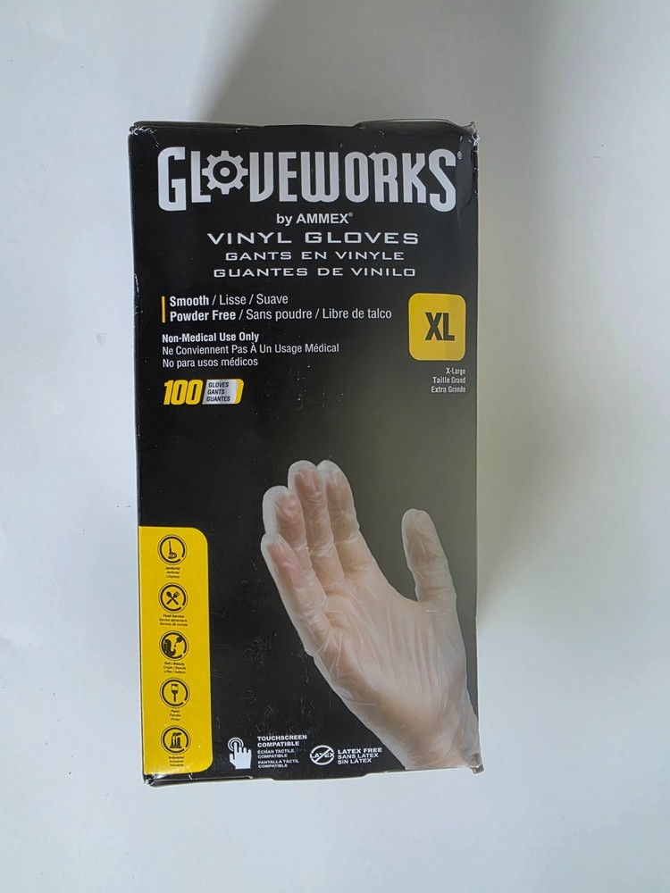 GLOVEPLUS Gloveworks Clear Vinyl Industrial Gloves, Box of 100, Size XL