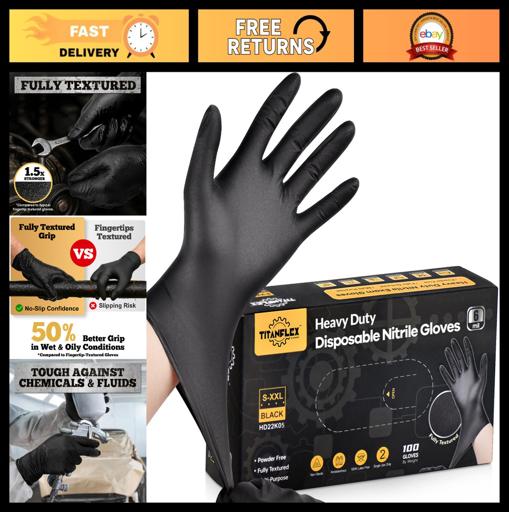 Heavy Duty Black Nitrile Gloves 6 Mil, Fully Textured, Latex & Powder Free, Mech