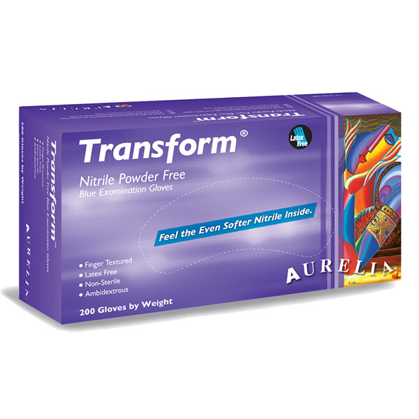 200 Gloves/Box-Aurelia Transform Nitrile Exam Gloves, Powder Free, Blue, X-Large