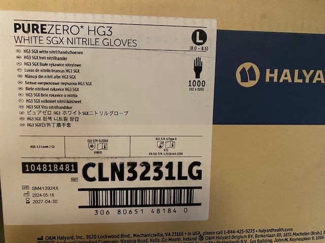 (CASE OF 1,000) HALYARD PUREZERO SMOOTH HG3 WHITE NITRILE GLOVES LARGE CLN3231LG