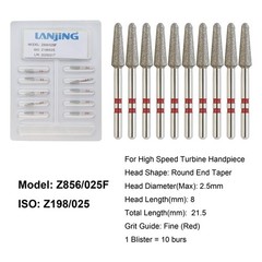 Dental Zirconia Diamond Burs FG Round End Taper Fine Red High Speed Z856/025F