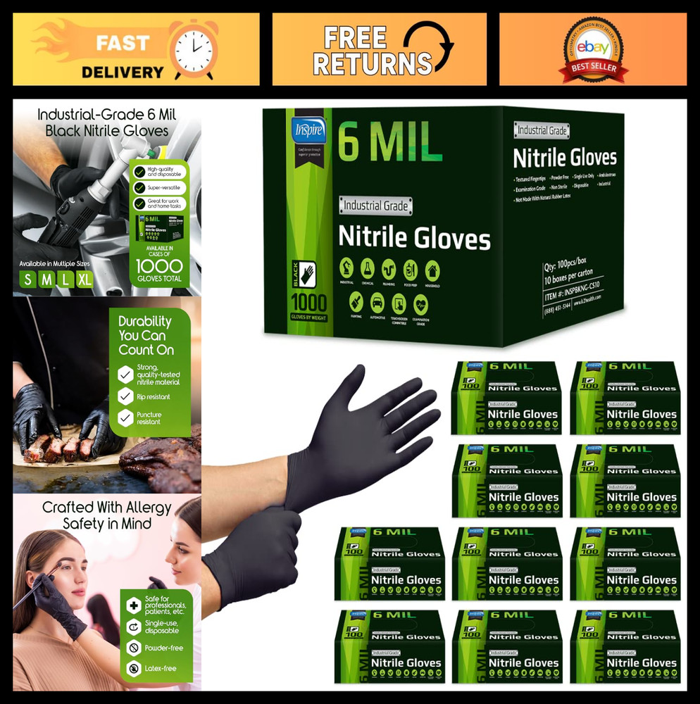 Heavy Duty Disposable Nitrile Gloves | Latex Free, 6mil Black & 8mil Orange | Fo