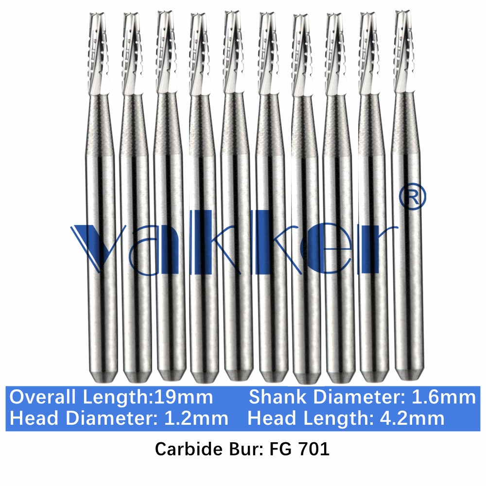10-100pc Vakker Dental Carbide Burs FG701 19mm FG Tapered Fissure Bur High Speed