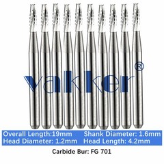 10-100pc Vakker Dental Carbide Burs FG701 19mm FG Tapered Fissure Bur High Speed