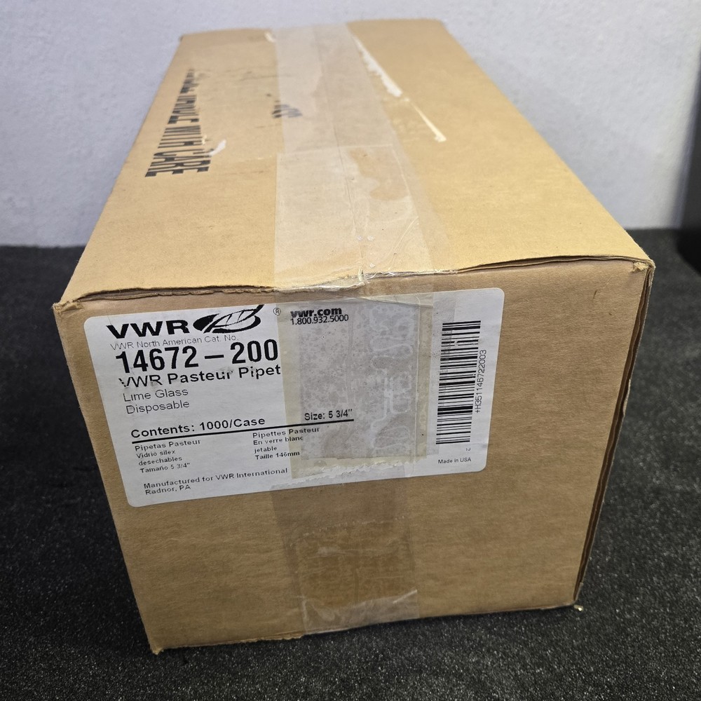 Case Of 1000 VWR Disposable Pasteur Pipet 14.6 cm (5³/₄”) Lime Glass 14672-200