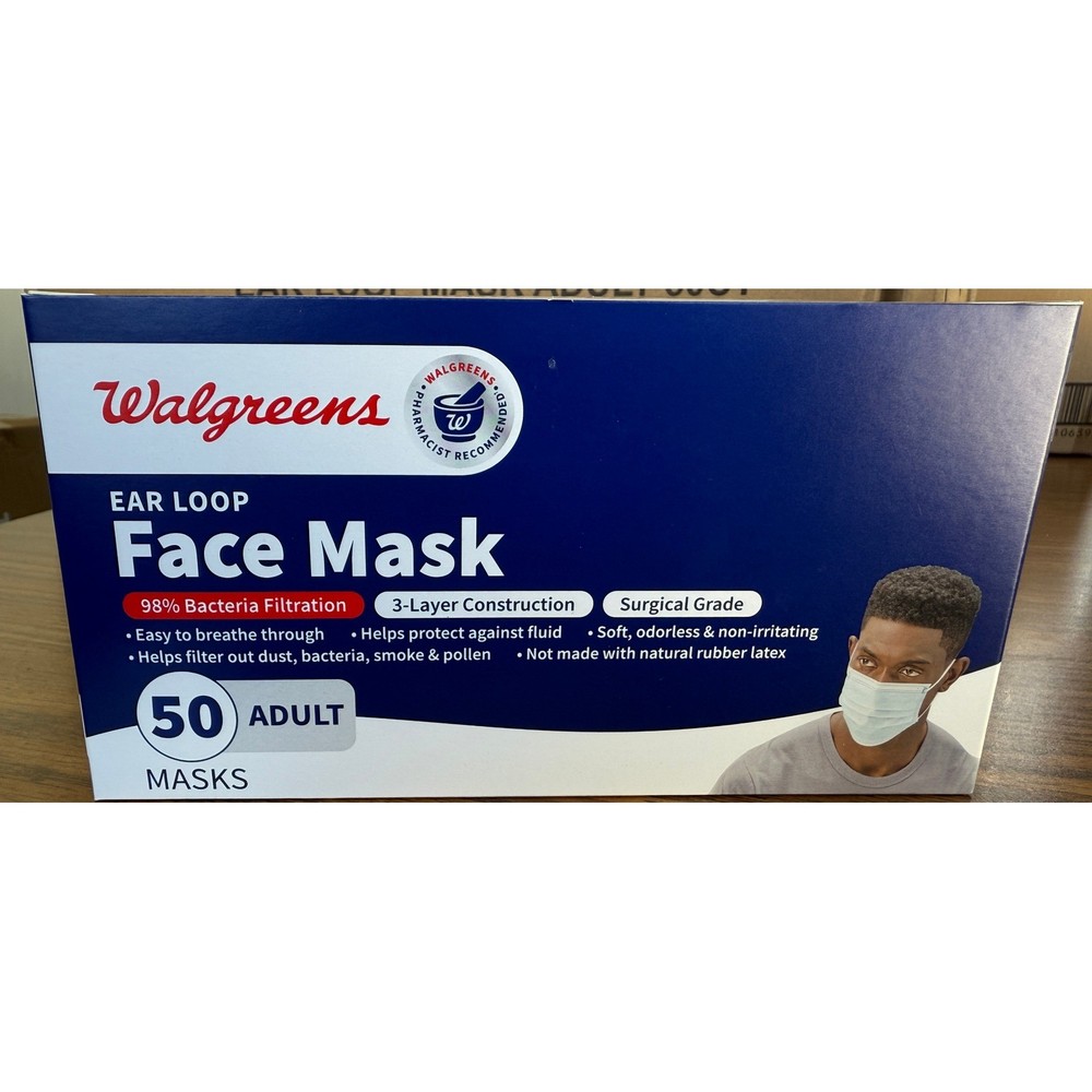 Walgreens Face Masks 50 Ct Adult Ear Loop 3-Layer 3 Boxes 150 total Masks
