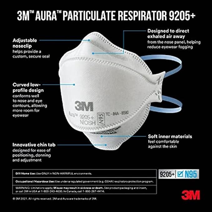 3M Aura 9205+ N95 Particulate Respirator Masks- NIOSH Approved (Pack of 20)
