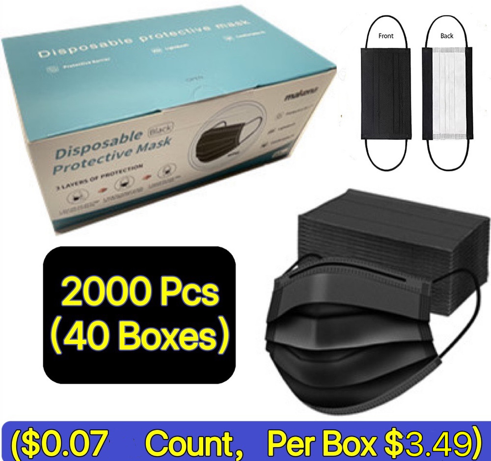 2000-PCS Black Protective 3 Layer Face Mask Respirator Disposable Masks BFE95%