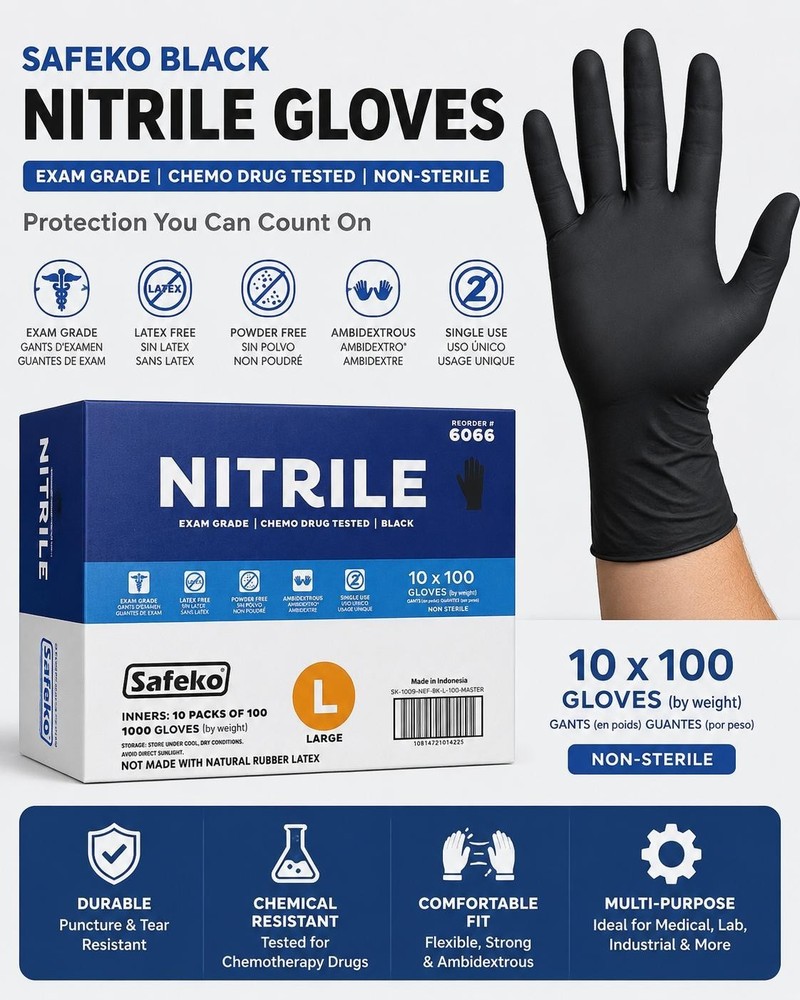200pcs Safeko Nitrile Gloves Black Large 2pack of 100gloves Powder Free