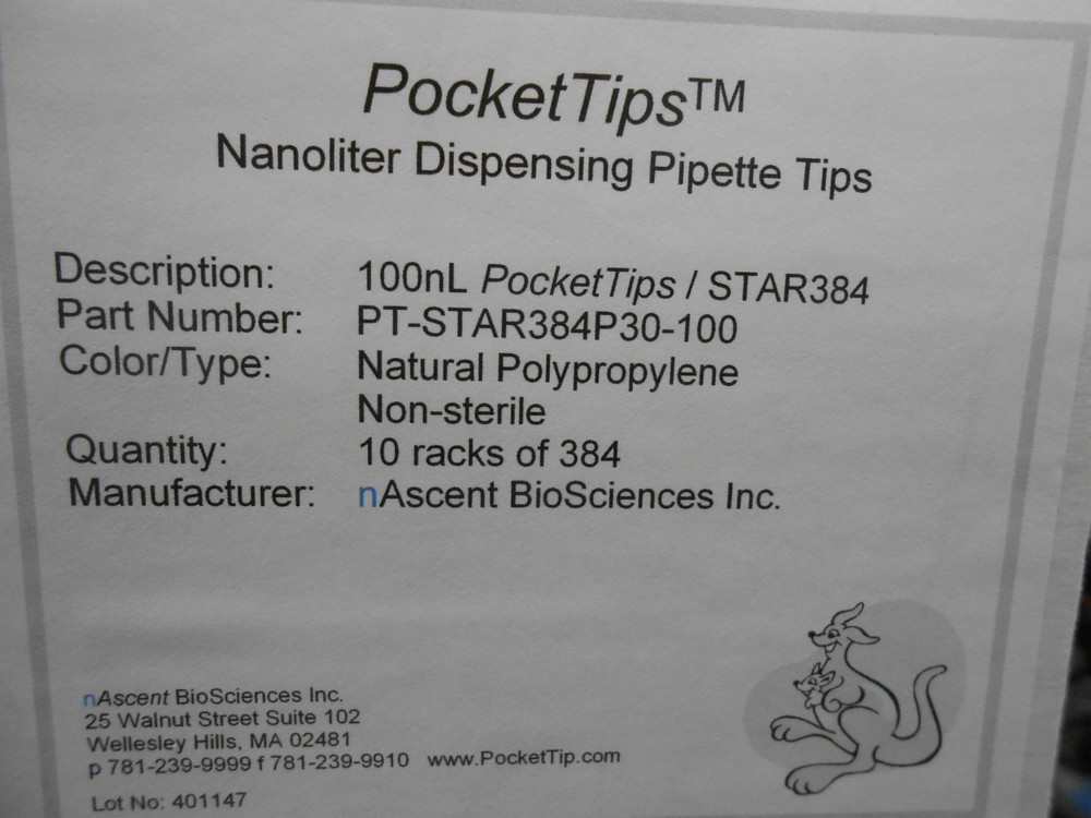 1 BOX OF 10 RACKS OF 384 EACH NASCENT BIOSCIENCES PT-STAR384P30-100 POCKET TIPS