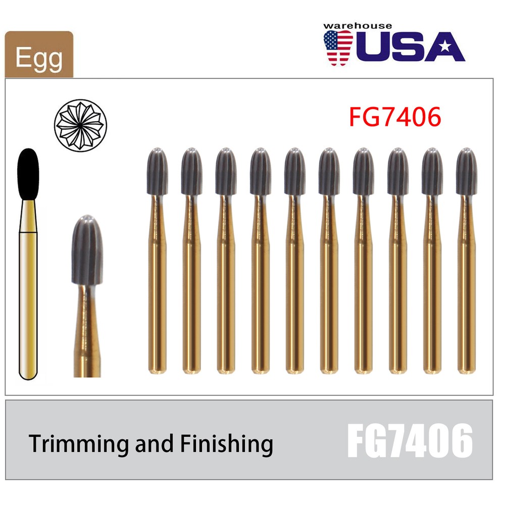 10 Pcs Dental Tungsten Carbide Burs Trimming & Finishing Bur 7406 19mm Egg shape