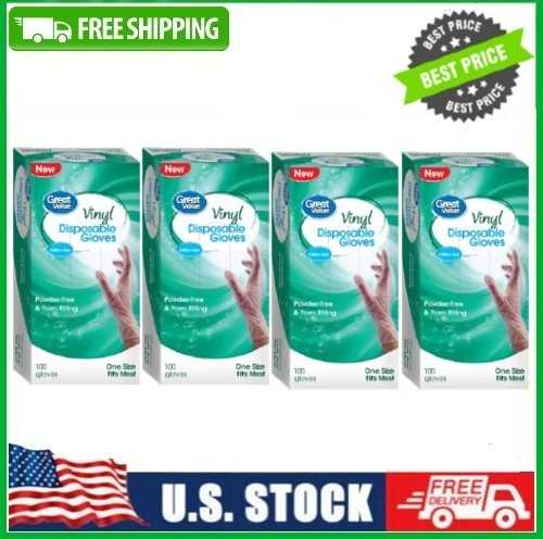 4 BOX Great Value Disposable Vinyl Gloves, 100 Count BOX