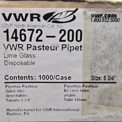 Case Of 1000 VWR Disposable Pasteur Pipet 14.6 cm (5³/₄”) Lime Glass 14672-200