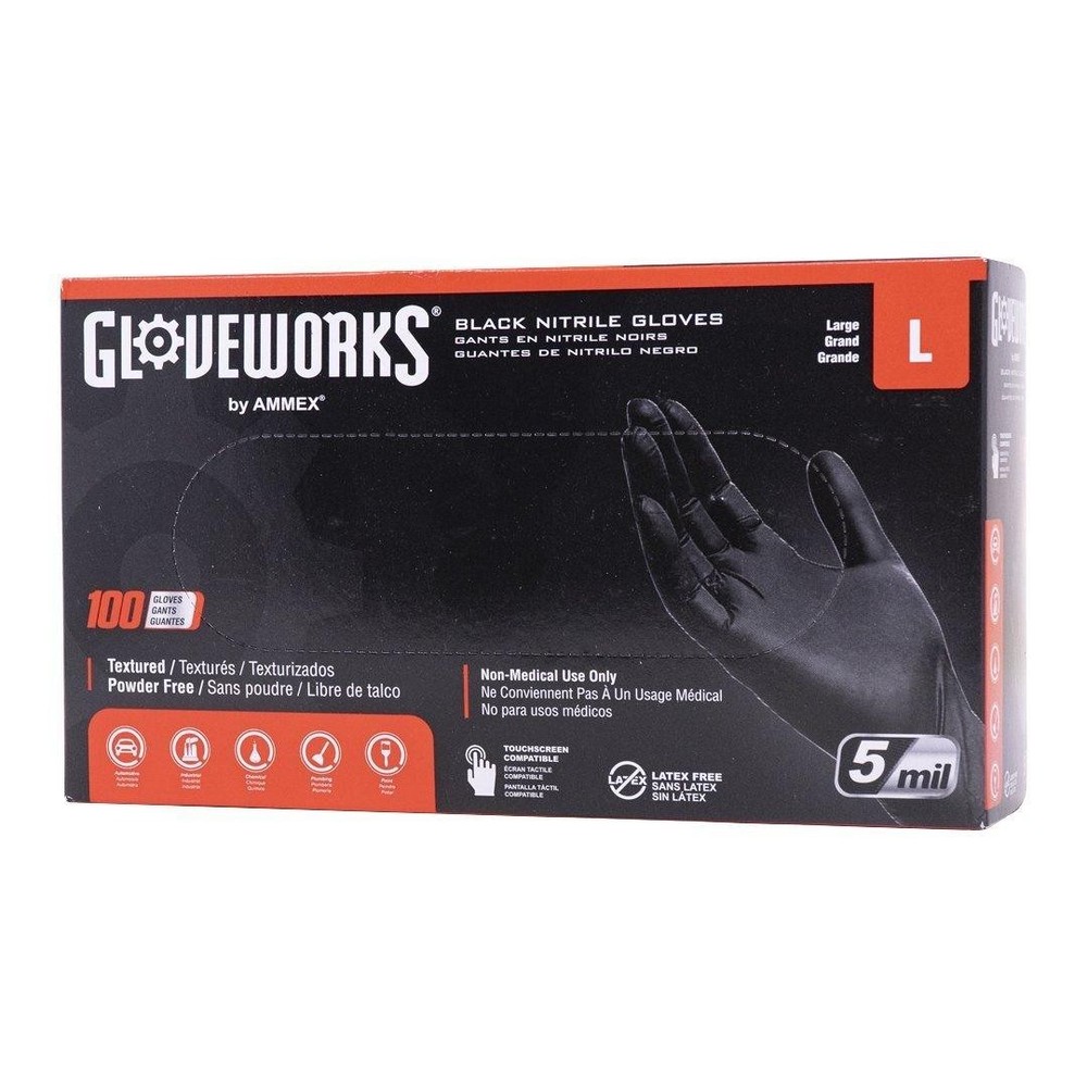GLOVEWORKS Black Nitrile Gloves 5mil (L), 100 Count