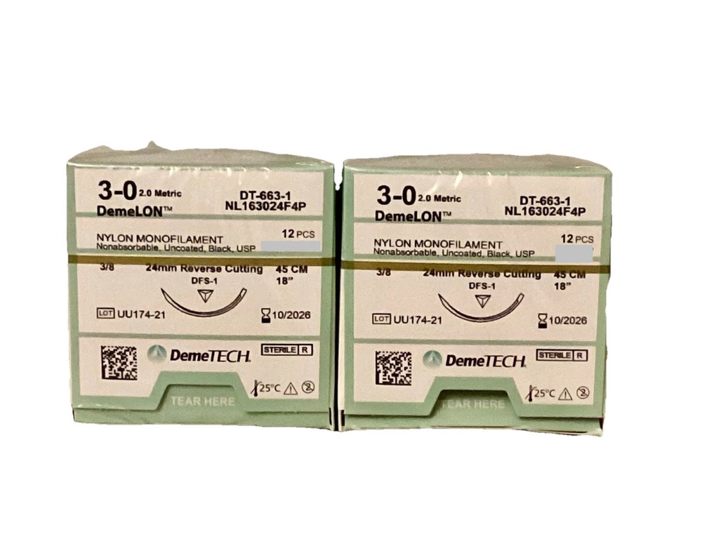 DemeLON 3-0 Nylon Sutures 24ct Bulk Lot 18” DFS-1 24mm RC EXP 10/2026 NEW SEALED