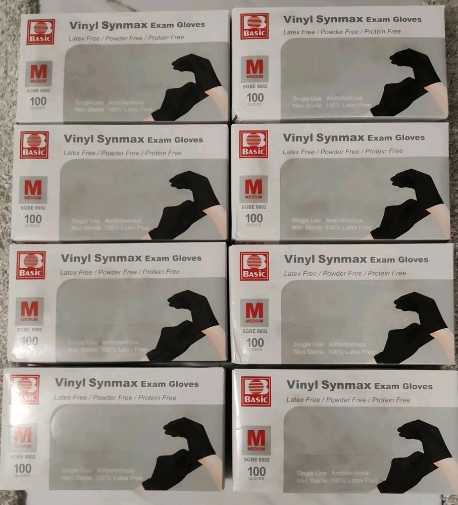 LOT of 8 – Medical Synmax Black Vinyl Exam Gloves Medium 100 Pk Latex Free (800)