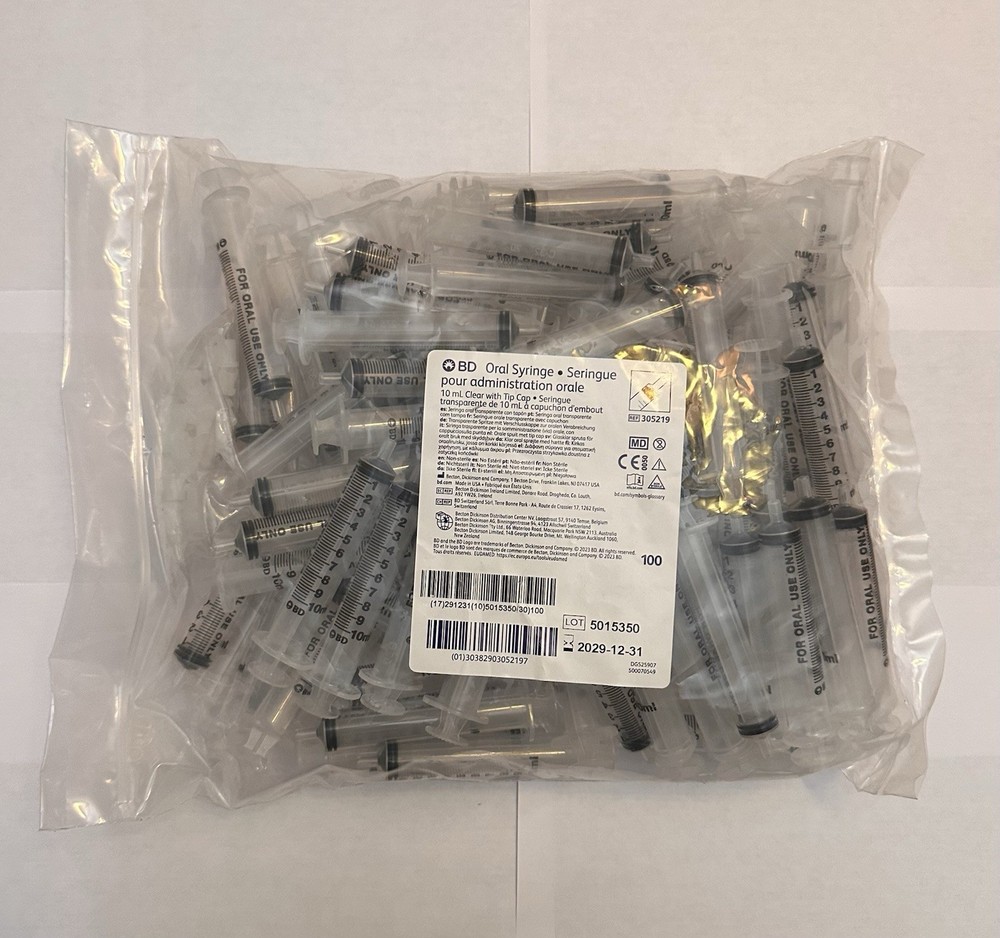 BD Oral Dispensing Syringe with Tip Cap 10mL Clear Sealed 100 count 305219