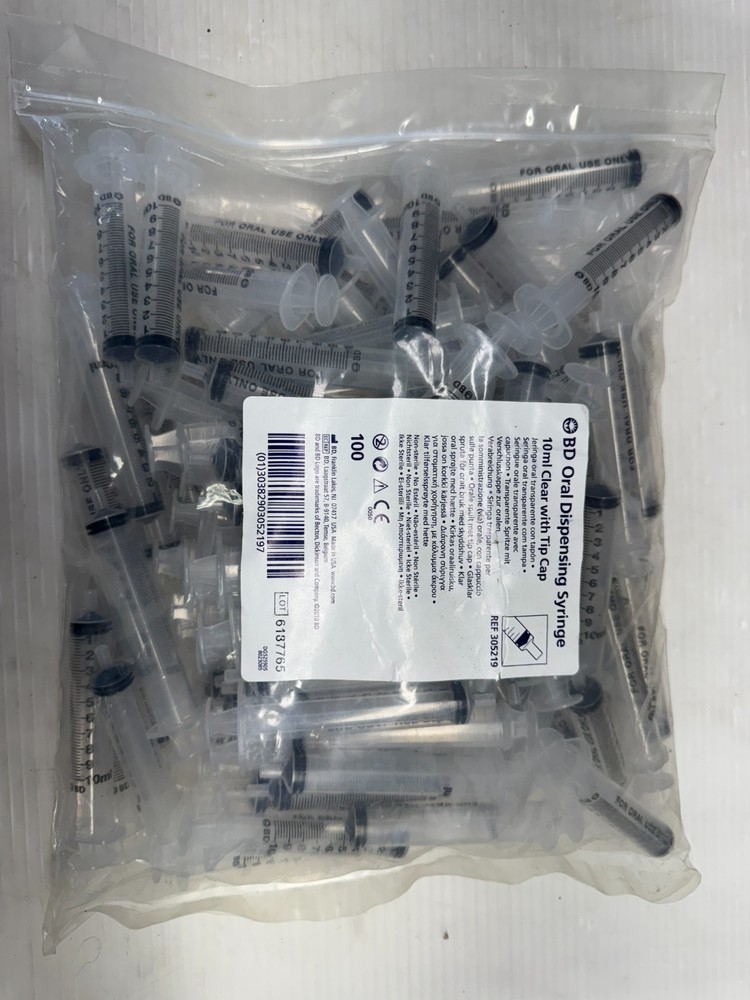 BD Oral Dispensing Syringe 10mL Clear w/ Tip Cap Ref 305219 Bag of 100