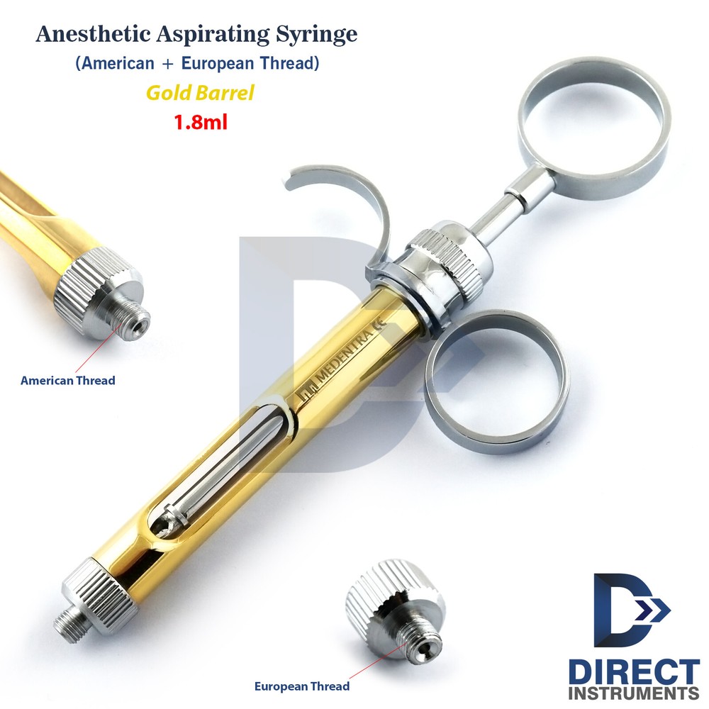 Dental Anesthetic Syringe Aspirating 1.8ml Gold Barrel American+European Threads