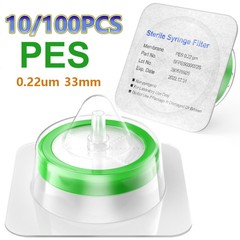 10/100pcs Sterile Syringe Filter PES Membrane 0.22um Pore Size, 33mm Individual