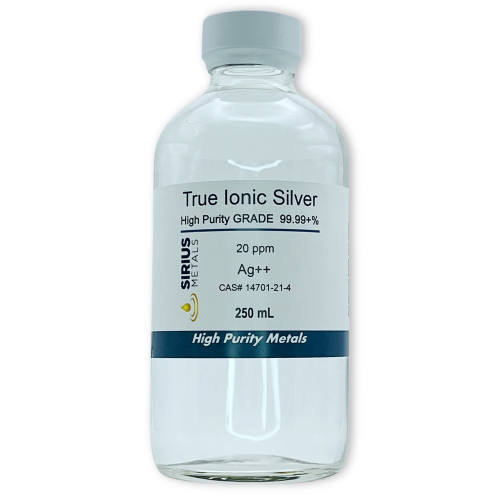 True Free Silver Ions (Ag++): 20 ppm, 99.99+% Purity – 250 mL in Glass