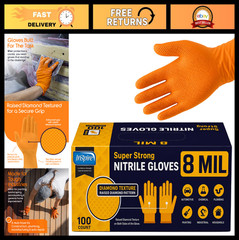 Heavy Duty Orange Nitrile Gloves | 8 Mil Diamond Textured Grip | Industrial Mech