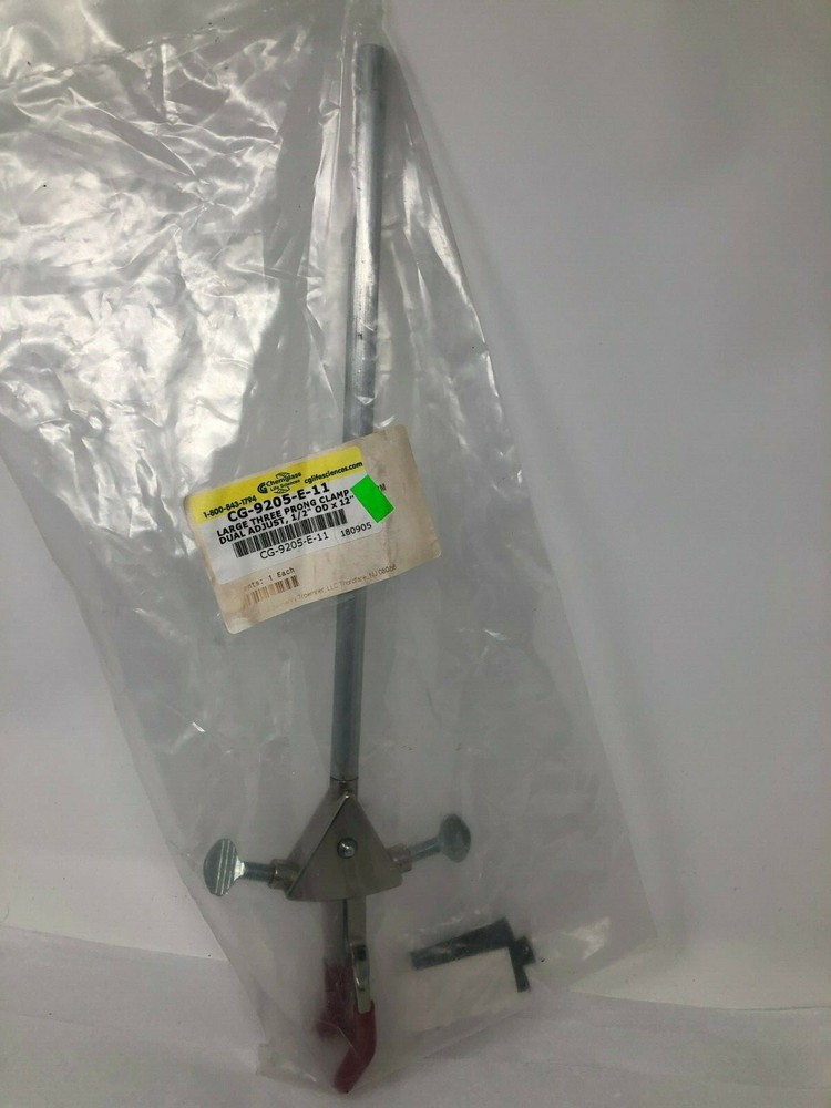 Chemglass CG-9205-E-11 Large Three Prong Clamp Dual Adjust 1/2″ OD 12″