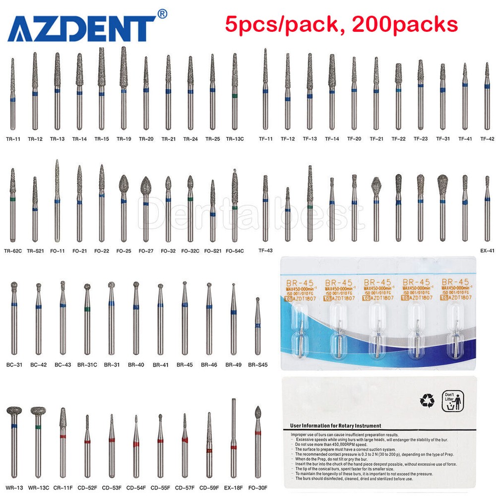 1000pcs AZDENT Dental Diamond Burs For High Speed Handpiece Friction Grip Burs