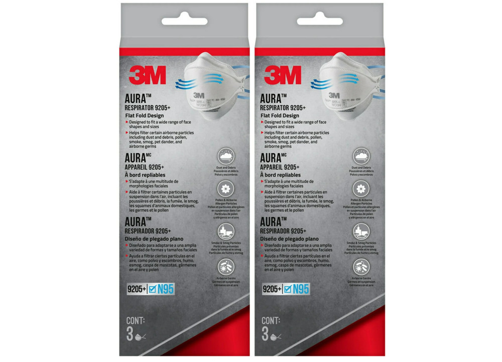 3M Aura N95 Particulate Respirator 9205+, White, 3 Disposable 07/27 2 PK