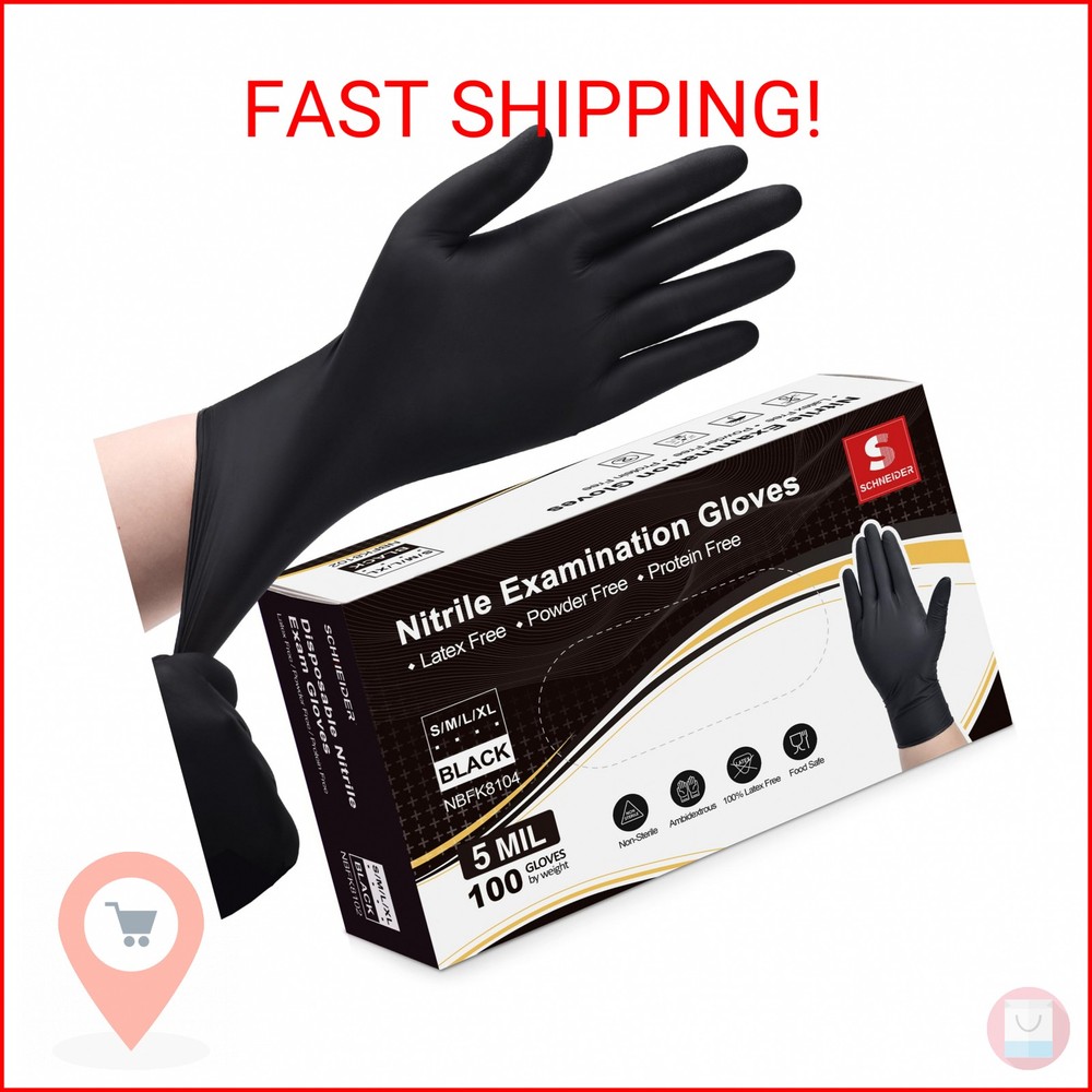 Schneider Nitrile Exam Gloves, Black, Medium, Box of 100, 5 Mil Thick Disposable