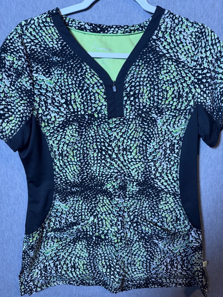 Kinziee Healing Hands Scrub Top Women’s M Green Black White Speckle V-Neck Zip
