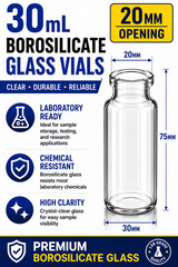 30ml Clear Glass Tubular Vial – 20mm Top – Sample / Lab Storage Vilas